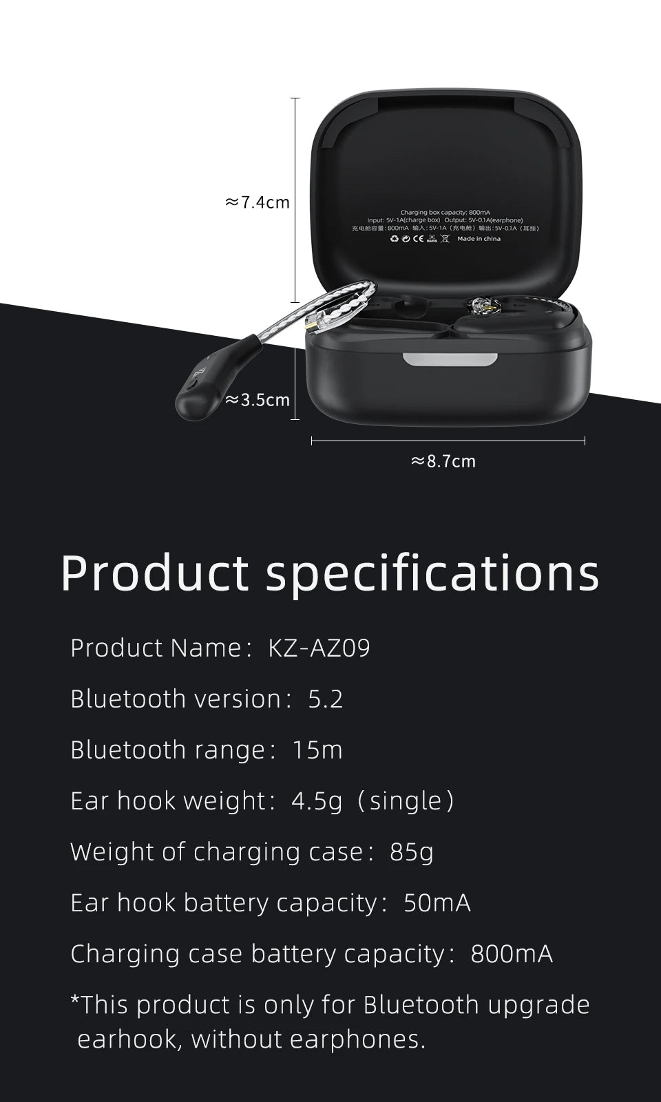 KZ AZ09  Bluetooth 5.2 HD Bluetooth Module Wireless Upgrade Cable HIFI Wireless Ear Hook Connector With Charging Case S2 Z1 S1