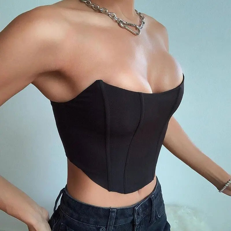 Haut court corset sexy sans manches à épaules dénudées, débardeur féminin, sous-vêtement bustier dos nu uni