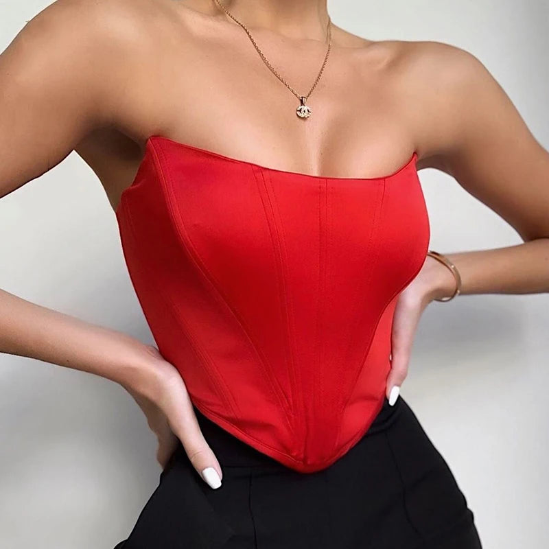 Haut court corset sexy sans manches à épaules dénudées, débardeur féminin, sous-vêtement bustier dos nu uni