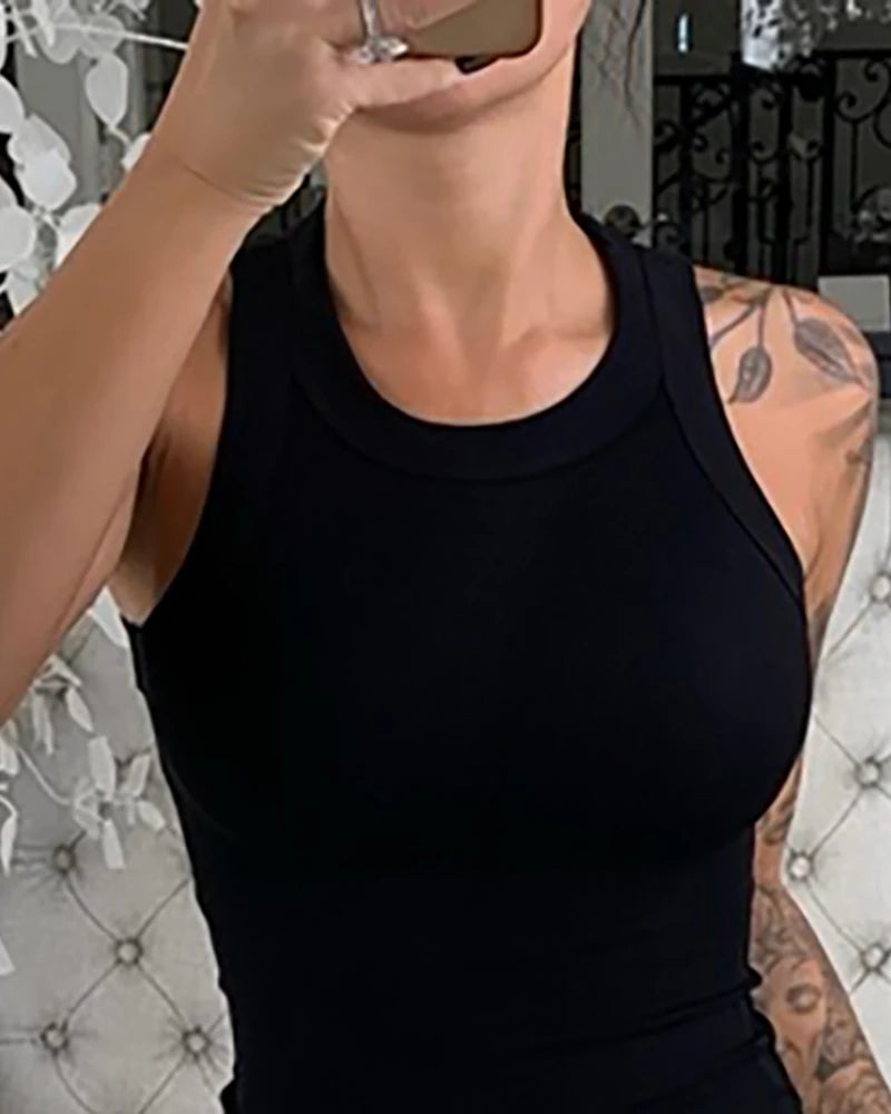 Débardeur côtelé uni à col rond pour femme - Camisole élastique basique d'été - Débardeur uni à col rond