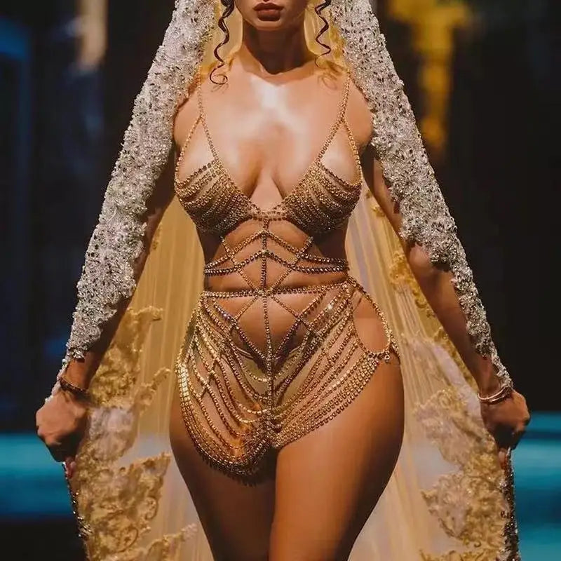 Fashion Luxury Crystal Bodysuit Lingerie Body Chain for Women Bling Rhinestone Body Chain Bikini One Pc Dress Jewelry - Shoppiline