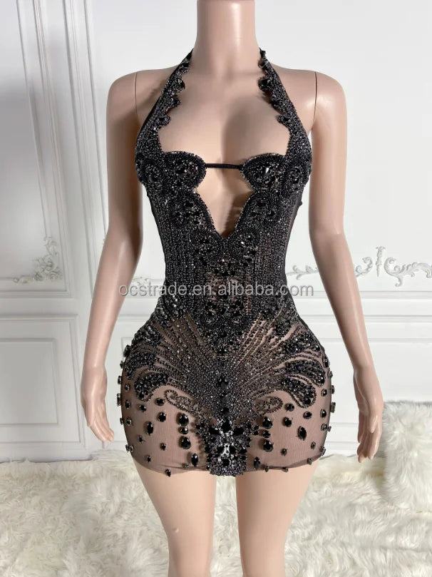 Ocstrade Fashion Night Club Wear Dress Rhinestone Sexy Women Clothing Halter Club Elegant Sparkly Crystal Dresses for Party - Shoppiline