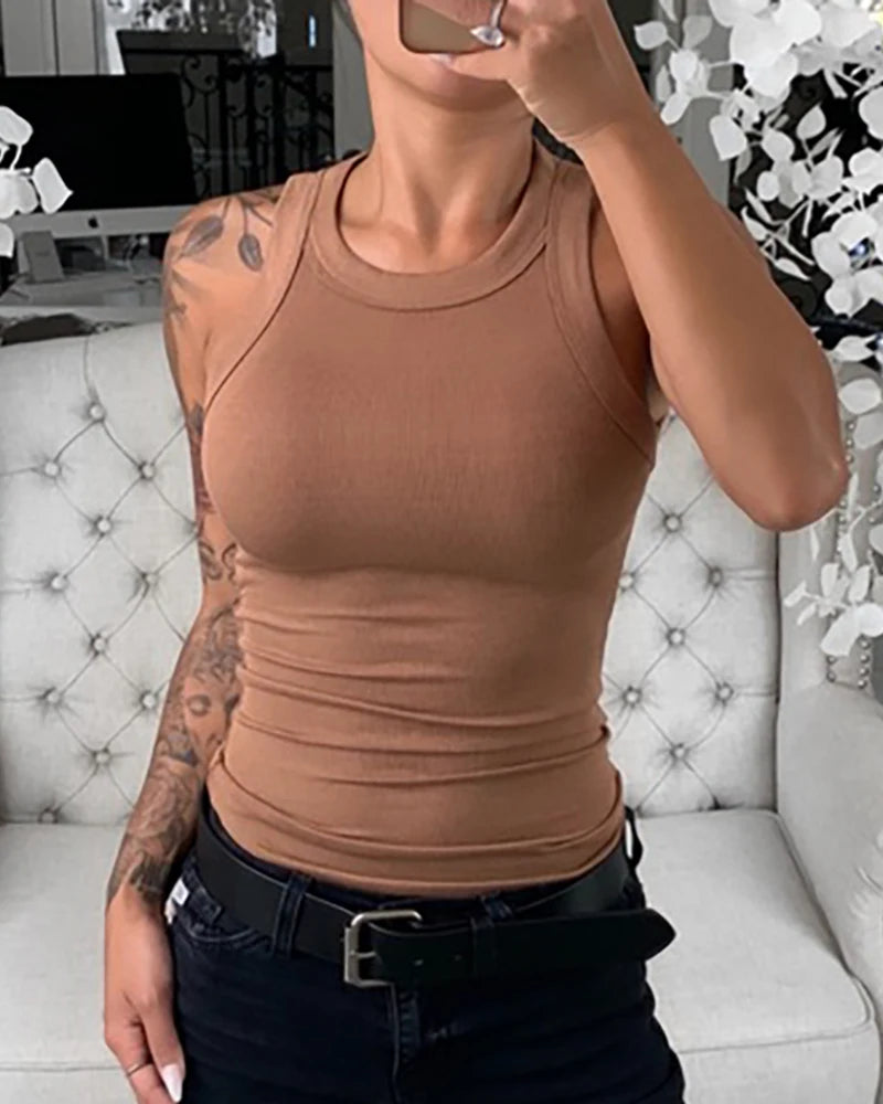 Débardeur côtelé uni à col rond pour femme - Camisole élastique basique d'été - Débardeur uni à col rond