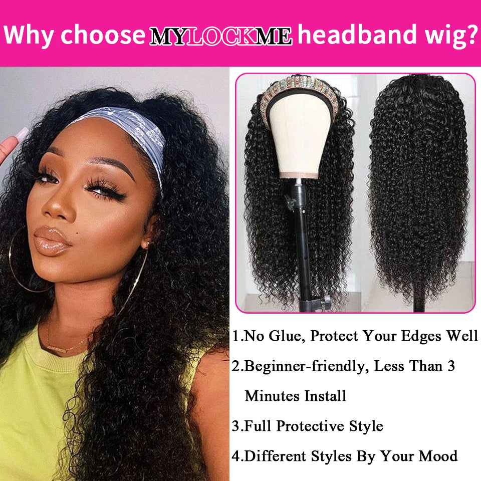 Kinky Curly Headband Wig Human Hair MYLOCKME Curly Human Hair Wigs for Women Full Machine Wig 180% Density