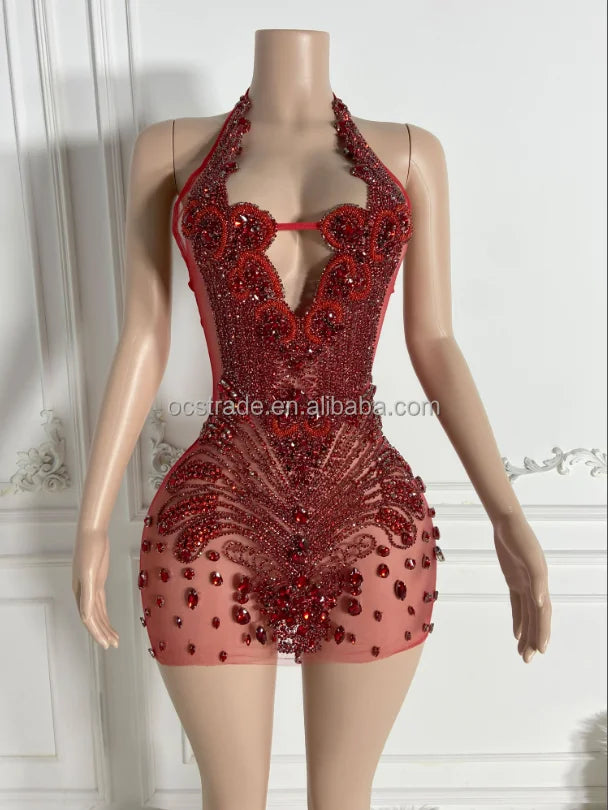 Ocstrade Fashion Night Club Wear Dress Rhinestone Sexy Women Clothing Halter Club Elegant Sparkly Crystal Dresses for Party - Shoppiline