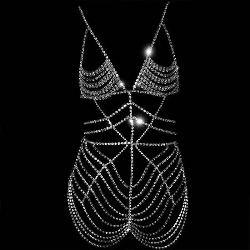 Fashion Luxury Crystal Bodysuit Lingerie Body Chain for Women Bling Rhinestone Body Chain Bikini One Pc Dress Jewelry - Shoppiline