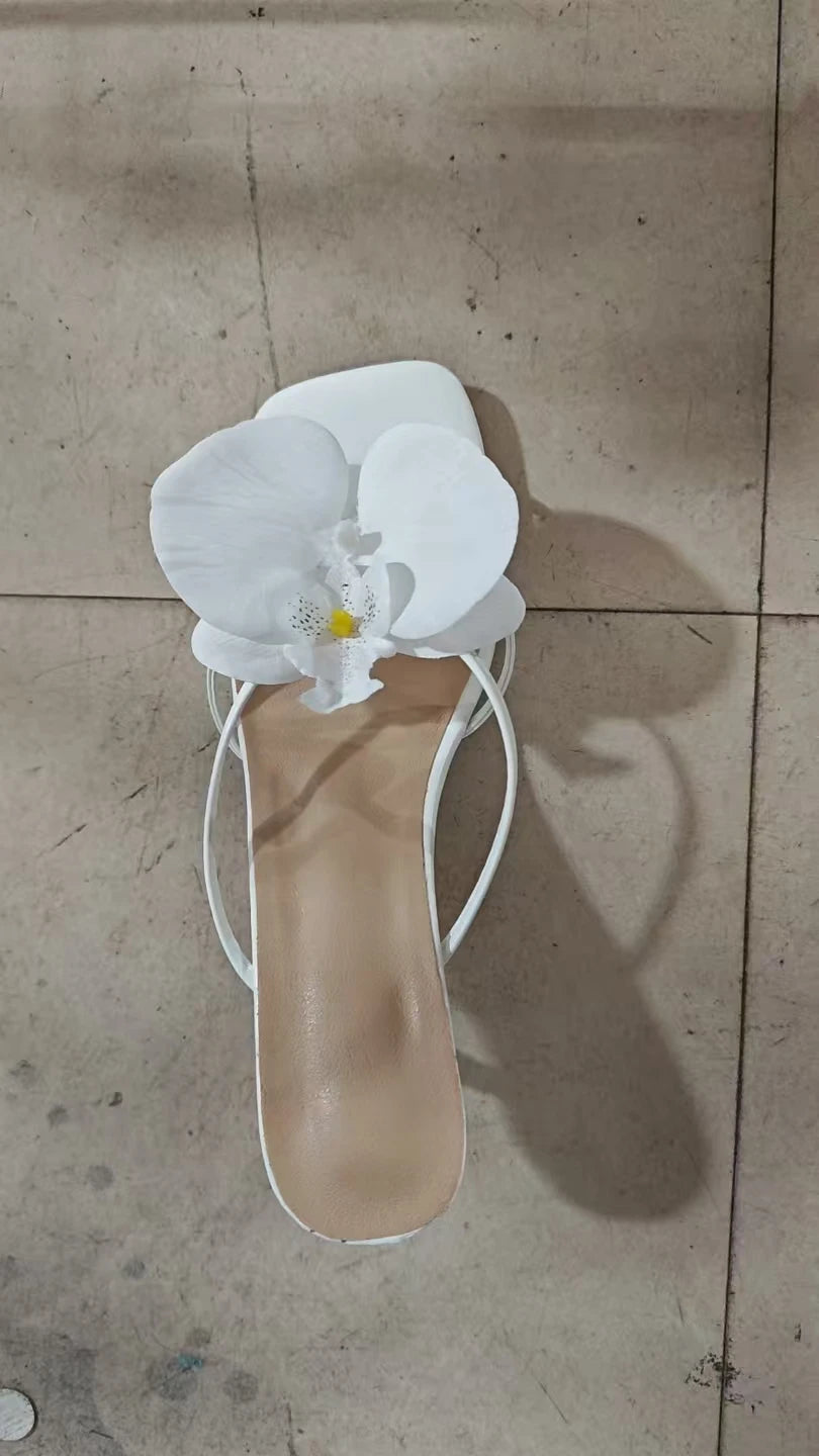 Orchid Flower Summer New High Heeled Women White Pink Blue Purple Floral Heels Square Toe Prom Slipper Slingback Shoes for Women