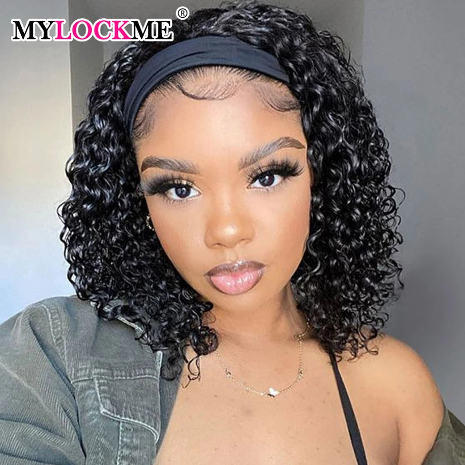 Kinky Curly Headband Wig Human Hair MYLOCKME Curly Human Hair Wigs for Women Full Machine Wig 180% Density