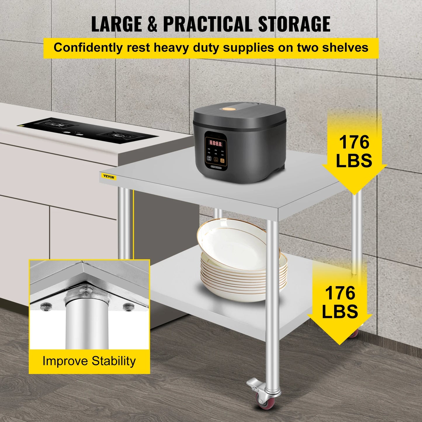 SucceBuy Stainless Steel Kitchen Prep Table With 4 Caster Wheels & Backsplash Loads Up to 100-300KG for Home Storage Rack Dining