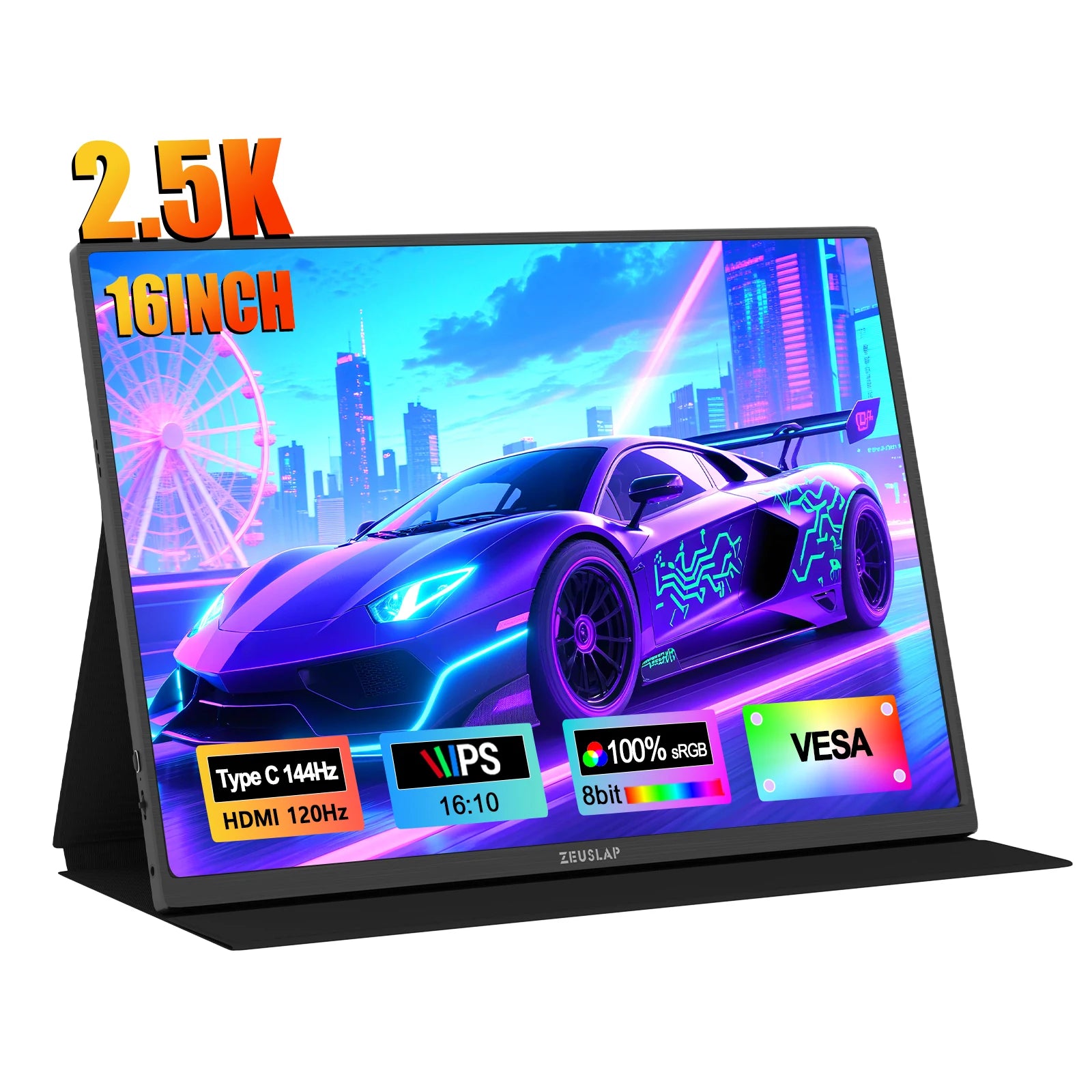 ZEUSLAP 16" 2.5K 144hz Portable Monitor 2560*1600 16:10 100%sRGB 500Cd/m²  Travel Gaming Display for Laptop Switch ps4 ps5 Xbox - Shoppiline