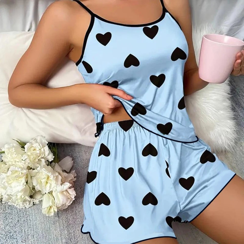 Ensemble de pyjama pour femme Pyjama T-shirts Shorts Imprimé cœur rose T-shirt à col rond Haut en soie glacée Confortable Décontracté Été