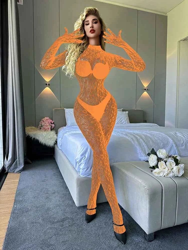 Sexy Lace See Through Bodysuit Long Sleeve Fishnet Jumpsuits Elastic Night Club Jump Suits for Women Sexy Pole Dancing Overalls