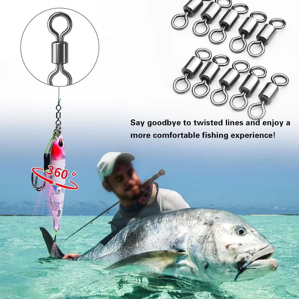 50pcs Fishing Swivels Rolling Swivels Solid Stainless Steel Rings Fishhooks Lure Connector for Fishing Accessories
