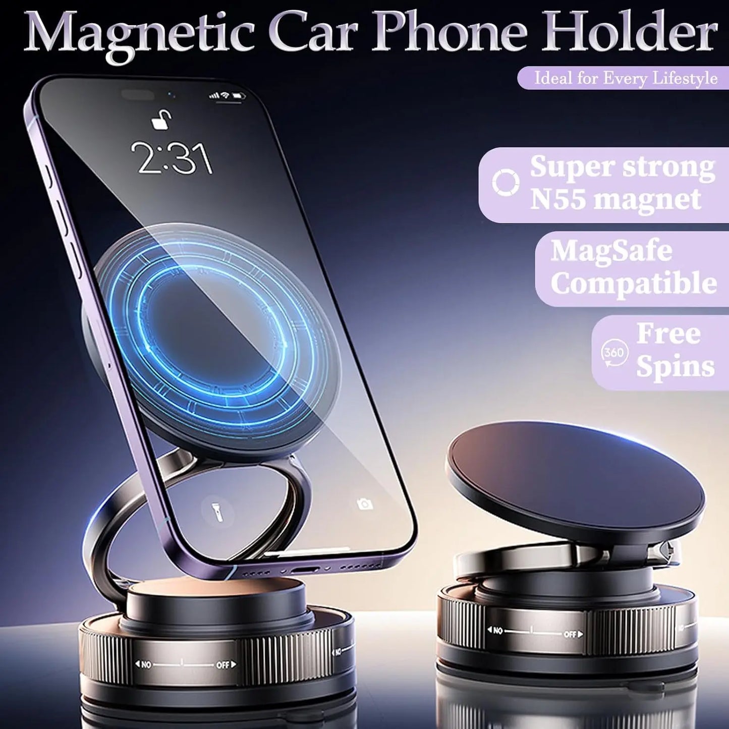 Upgraded 360° Vacuum Magnetic Car Phone Holder, Strong Suction Cup Phone Mount Foldable Portable Cell Phone Holders