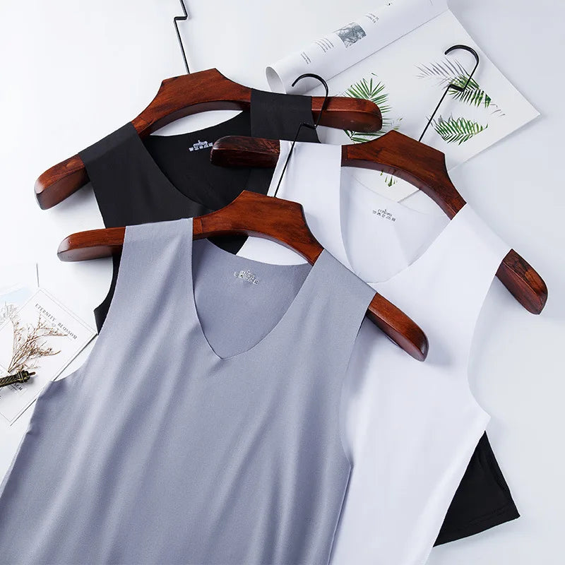 Gilet d'été en soie glacée non marquant pour hommes, débardeur moulant de sport et de fitness, sans manches, respirant, vêtement d'intérieur