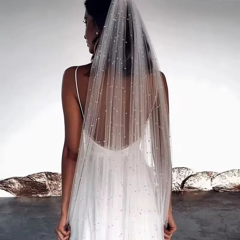 3 Meters Long Pearl Beaded Bridal Veil One Layer Long Wedding Marriage Accessories for Women