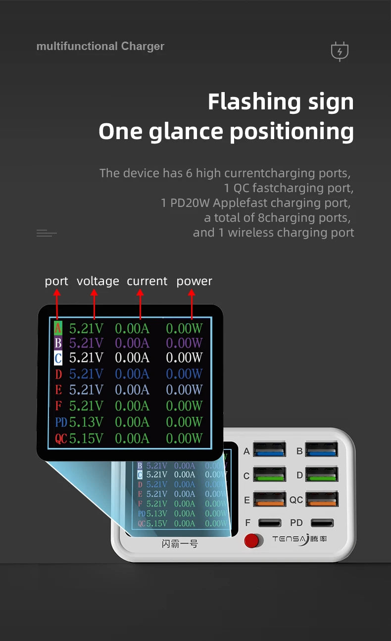 Multi functional 8-port USB Wireless Fast Charging Station Visual Current Detection Charger For Mobile Phone iPad Flash Charging - Shoppiline