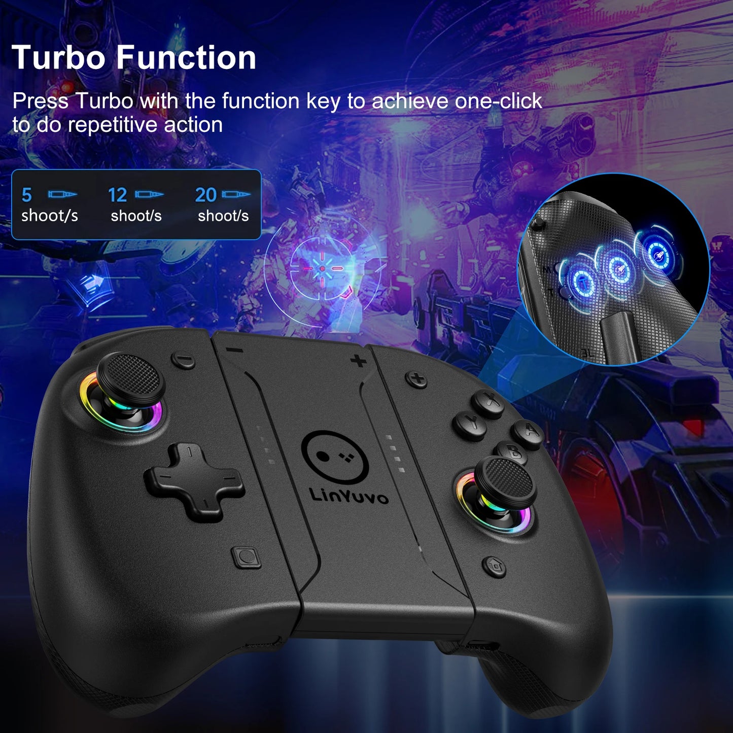 Manette sans fil LinYuvo KS37 Meteor Light pour Switch/Switch OLED, avec fonctions programmables, gyroscope 6 axes, Turbo et vibration