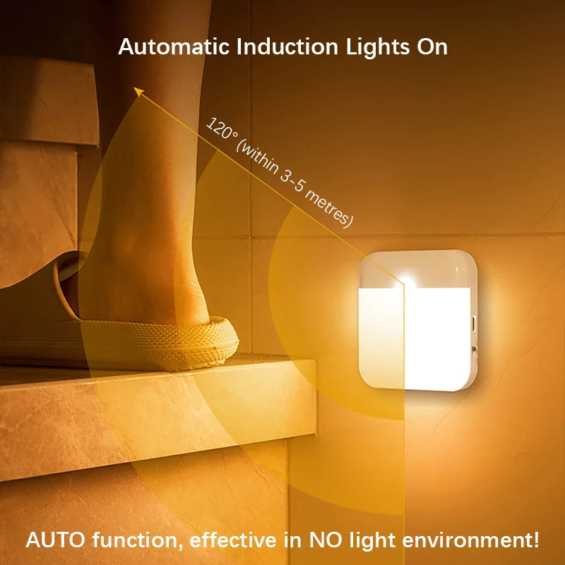 Motion Sensor Light Led Usb TYPE-C Charging Square Lamp for Bedroom Kitchen Stair Hallway Wardrobe Cupboard Lighting Night Light