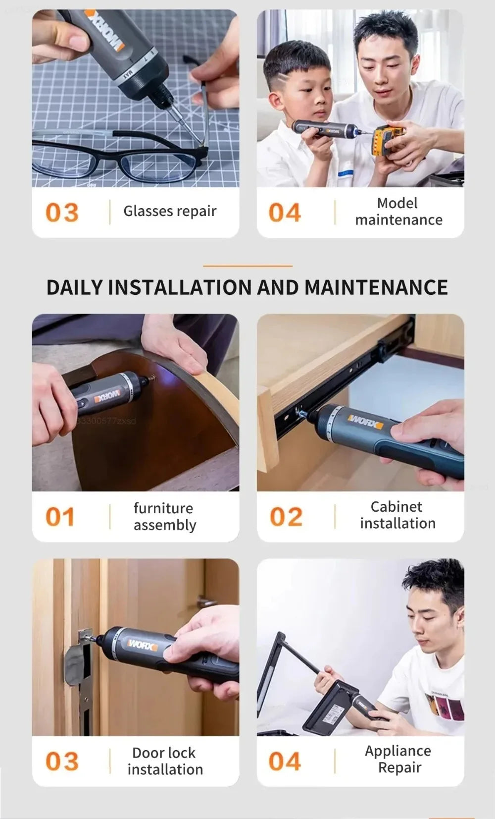 Worx 30 Bit Sets Power Tools WX242 Electrical Screwdriver Set Smart Cordless Drill Screwdrivers USB Rechargeable Set Home Repair - Shoppiline