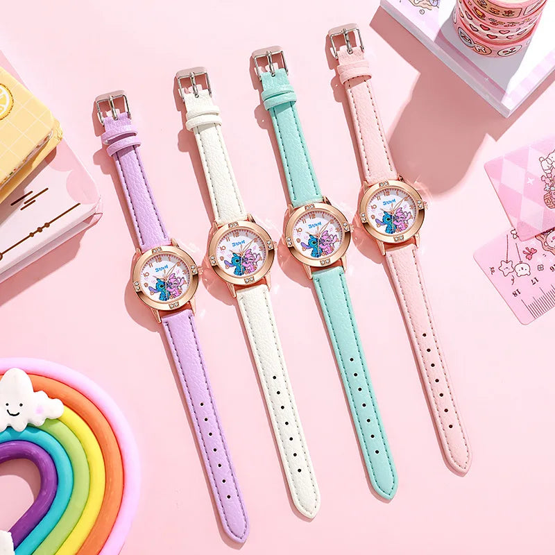 New Cartoon Pattern Stitch Girls Watches for Kids Leather Strap Children Watch with Rhinestone Dial reloj stich Exquisite Gift