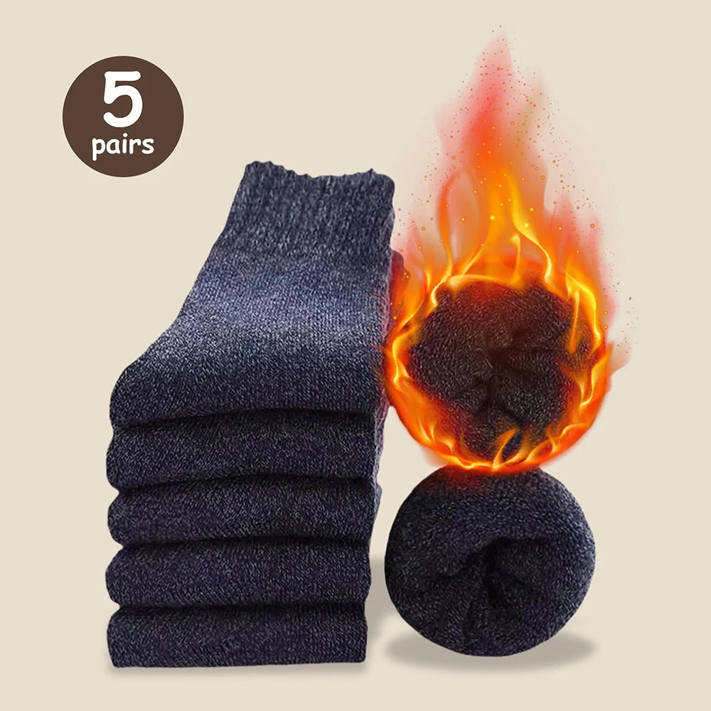3/5 Pairs Men's Warm Socks, Thick Towel Mid-Calf Socks, Anti-Cold Snow Boots Socks Elastic Solid Color