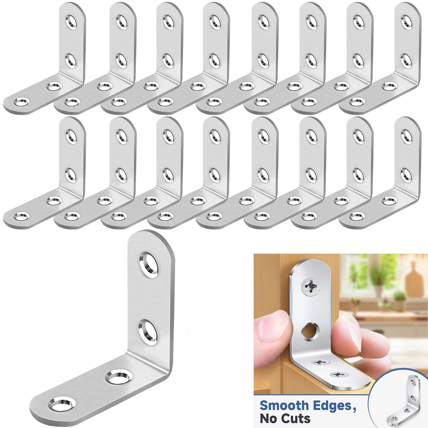 20PCS L Brackets Stainless Steel Corner Braces with Screws, 90° Right Angle Shelf Supports for Wood Furniture Accessories, Table