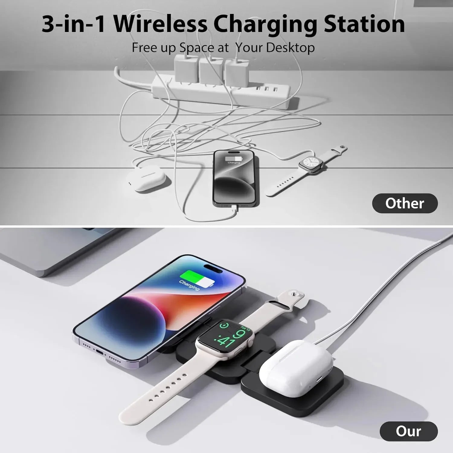 Wireless Charger 3 in 1 Foldable Fast Chaging Station For Magsafe iPhone 16~12 Pro Max iWatch 10/9/8/7/6/5/4/3/2 AirPods 4/3 Pro - Shoppiline