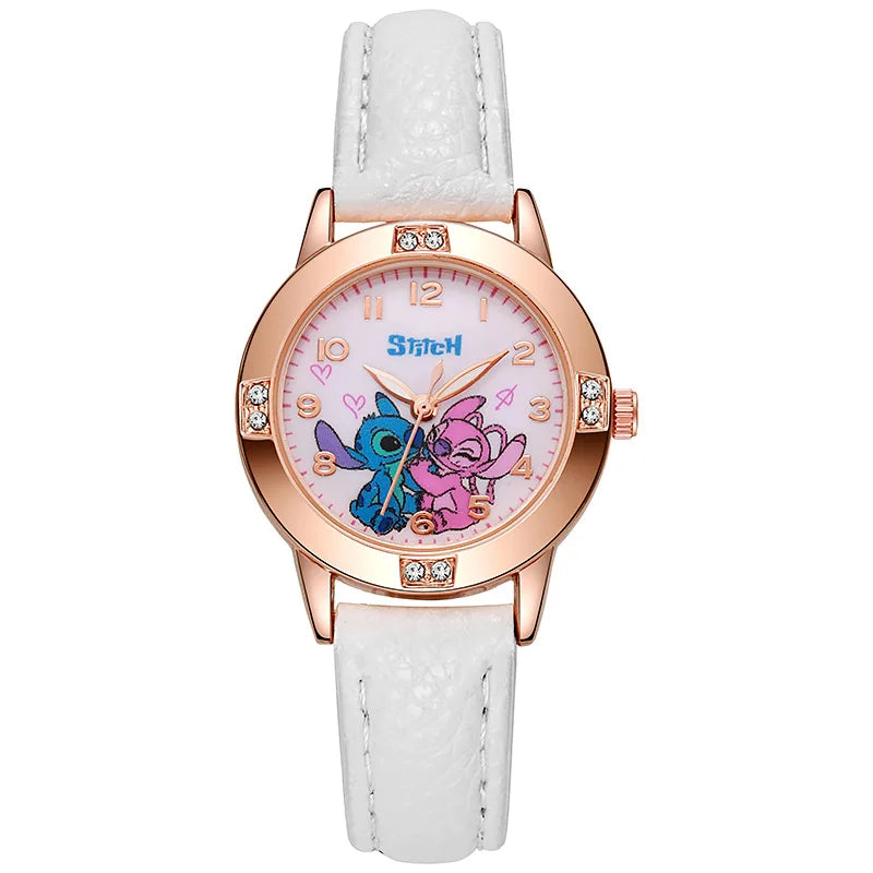 New Cartoon Pattern Stitch Girls Watches for Kids Leather Strap Children Watch with Rhinestone Dial reloj stich Exquisite Gift