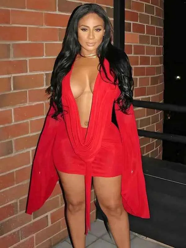 Beyprern Elegant Flare Sleeve V Neck Ruched Sheer Mesh Short Dress Pink Holiday Outfits Beach Cover-Up Dress Night Out Vestidos
