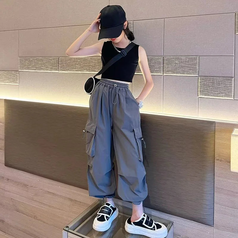 Girls Loose Joggers Pants Teen Casual Straight Cargo Trousers Fashion Children Pockets Design Streetwear Big Kids Pants 5-14 Yea