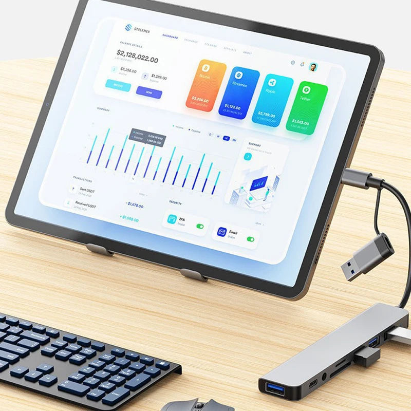 8-in-2 USB-C-Hub-Dockingstation mit 3,5-mm-Audiobuchse, Micro-SD-Kartenleser, Laptop-, Tablet-, Telefon- und Festplattenkonverter