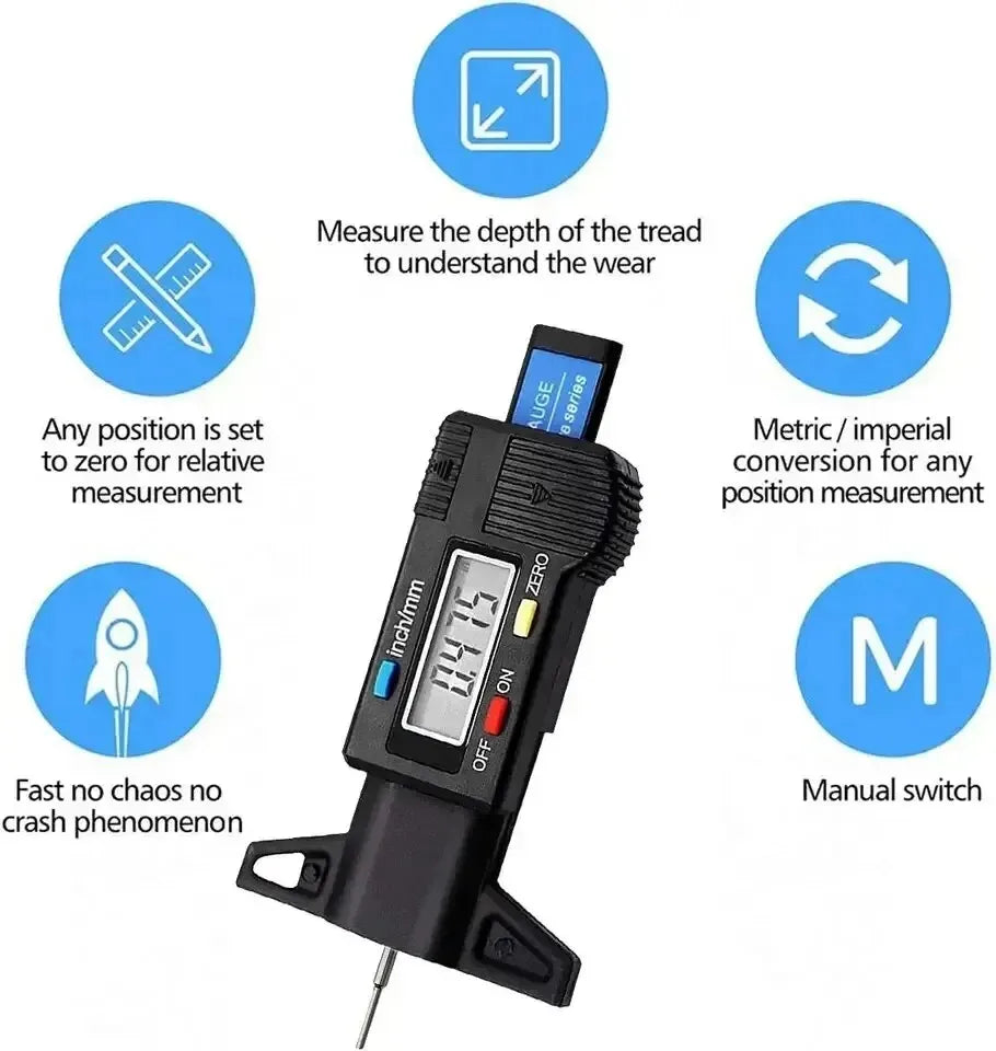 Jauge de profondeur numérique 1 pièce Pied à coulisse Jauge de profondeur de bande de roulement LCD Jauge de bande de roulement de pneu pour pneu de voiture 0-25 mm Outil de mesure Pied à coulisse Outils de réparation