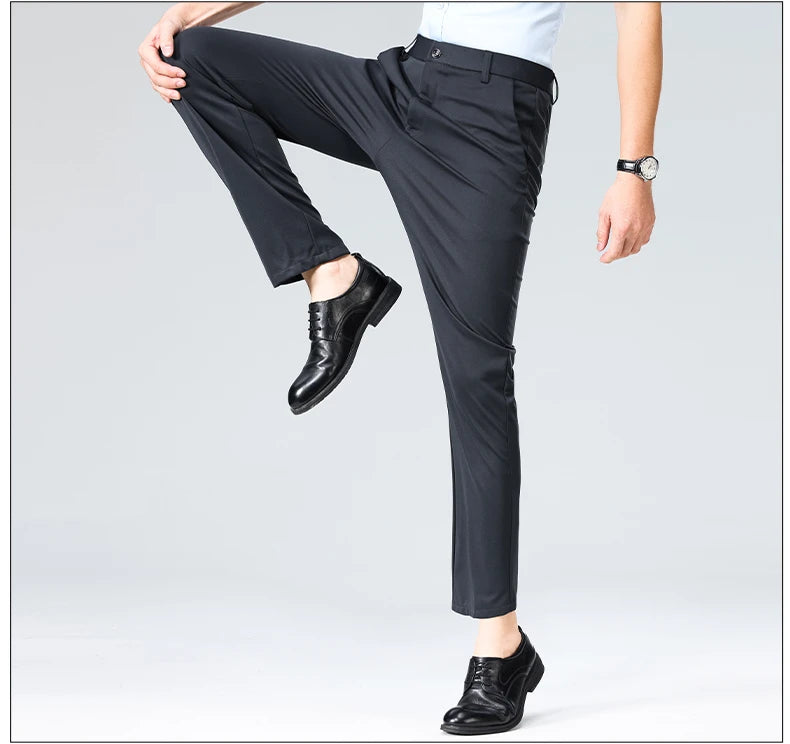 Mens Summer Stretch Straight Leg Business Dress Pants Breathable High Drape Trousers for Business Events