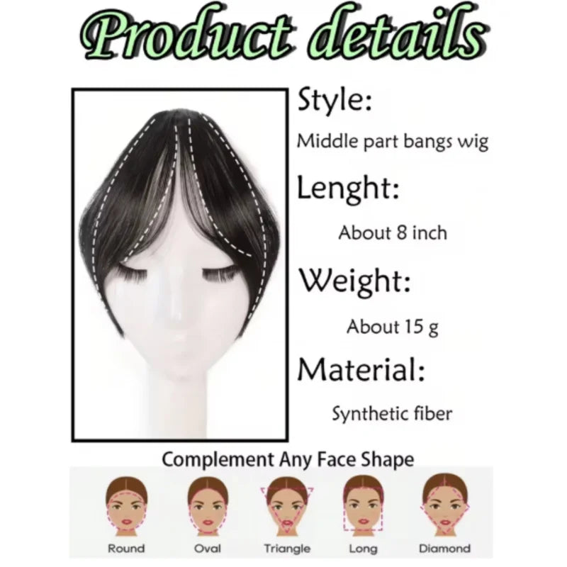 Synthesis Wig Middle-Part Bangs Hair Extensions Clip In Forehead Natural Seamless French Oblique Bangs Eight-Character Bangs