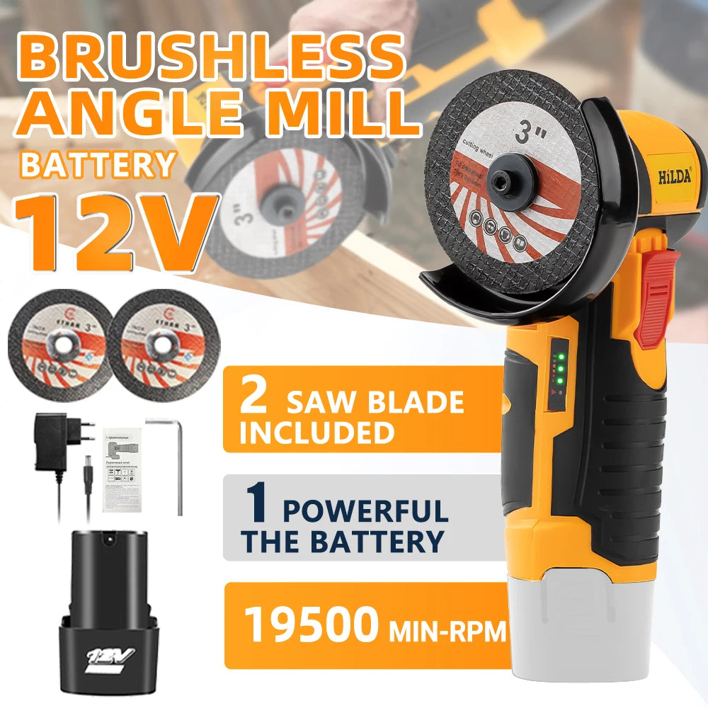 HILDA 12V Electric Angle Grinder 3/4 Inch Lithium Polishing Machine Brushless/Brushed Mini Cutting Machine Rechargeable Battery - Shoppiline