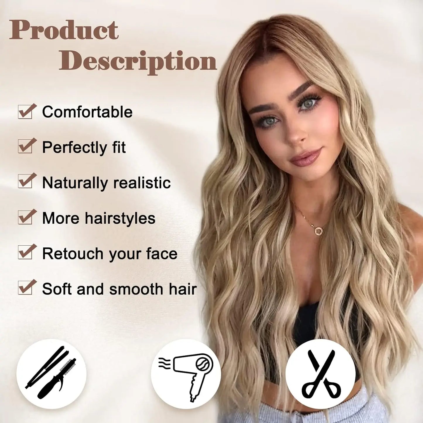 Synthetische lange Spitzenperücke wellig für Damen, 66 cm, Mittelscheitel, lockig, natürlich aussehend, hitzebeständige Faser für Alltag, Party, Weihnachten