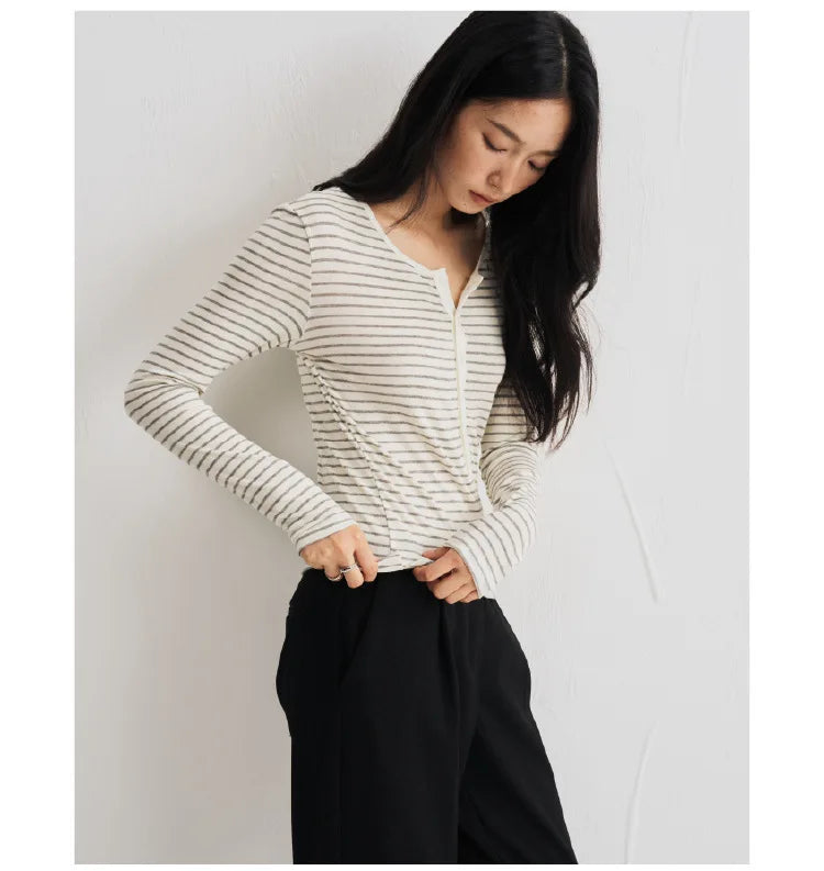 Silk Wool Basic Shirt For Women Autumn Winter Round Button Neck Slim Knitwear, Solid Color Striped Long Sleeve Top