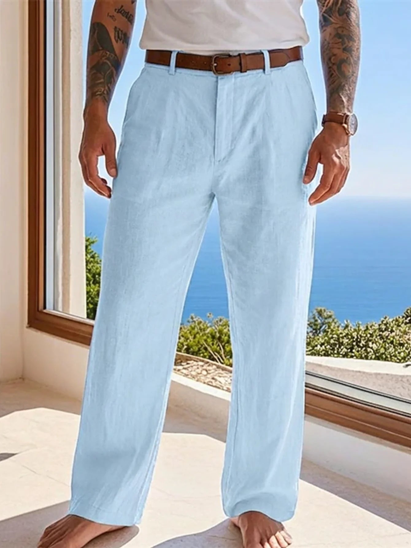 2025 summer men's cotton and linen oversized wide leg pants, men's artistic style elastic waist solid color casual loose pants