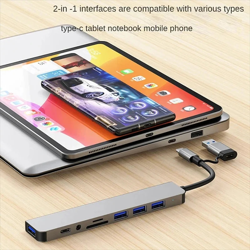 USB C Hub USB Splitter 8-in-1 USB Extender mit 4 USB-Anschlüssen, 1 USB-C-Anschluss, TF/SD-Kartenleser, Audioausgang, kompatibel für MacBook
