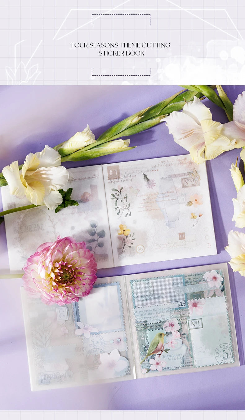 4Style 20pcs/book INS Floral Sticker Book Four Seasons Theme Cutting Scrapbook Dual-material Handbook DIY Decorative Stickers