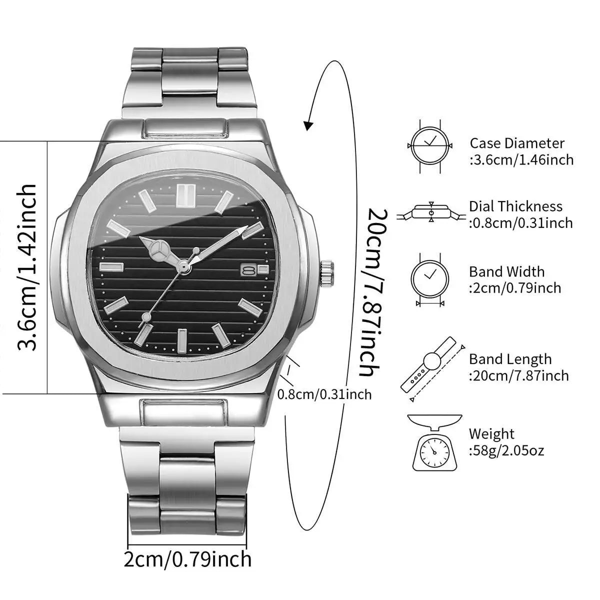 Luxus Herren Business Uhren Mode Quadratisches Zifferblatt Edelstahlarmband Quarzuhr mit Kalender für Herrenuhr (Ohne Box)