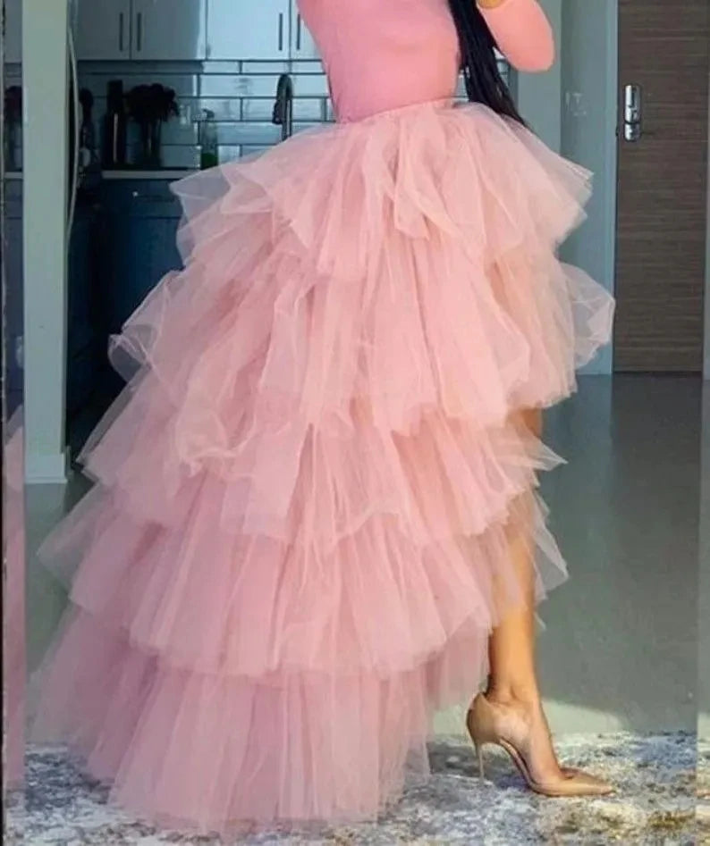BABYONLINE Women Tiered Tulle High Low Skirts Elastic Waist Petticoat Puffy Long Tulle Skirt Female Maxi Skirt Free Size
