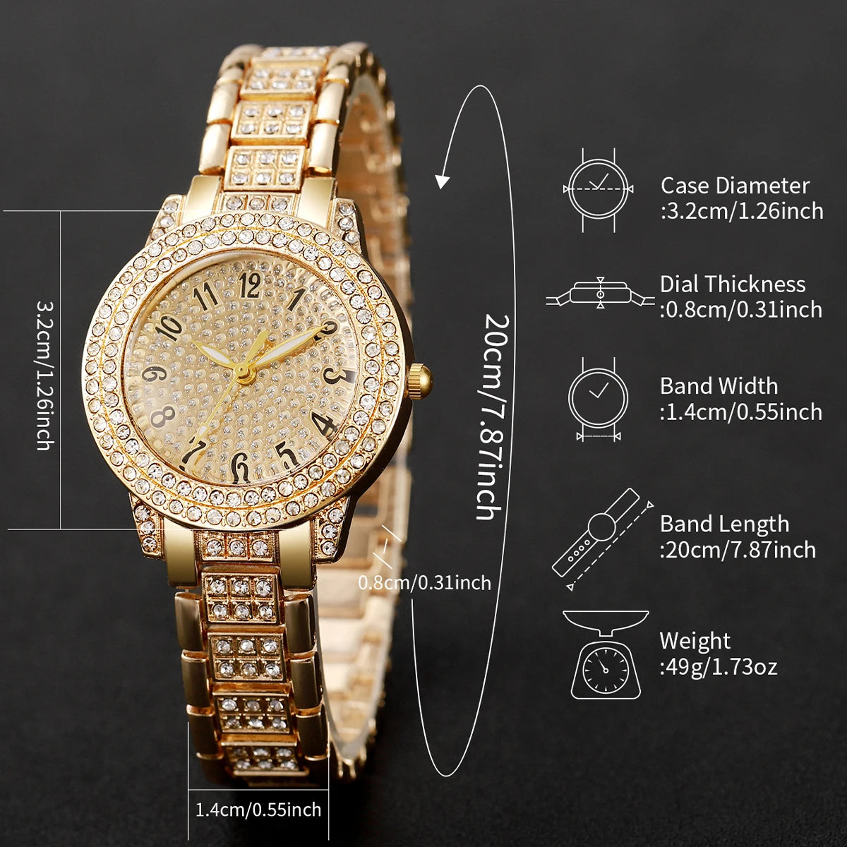 6 STÜCK Mode Volldiamant Damenuhr Gold Stahlarmband Analog Quarz Uhren Schmuckset (ohne Box)