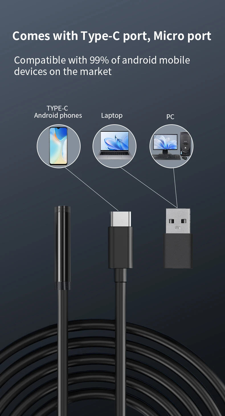7MM TYPE-C Android Endoscope Camera IP67 Waterproof 6 LED Adjustable Borescope Mini Camera with 6 LEDs