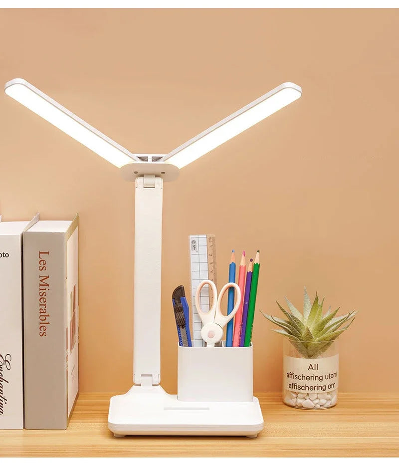 LED Table Lamp Double-Headed USB Chargeable Dimmable Desk Lamp with Calendar Clock Foldable Eye Protection Reading Night Light