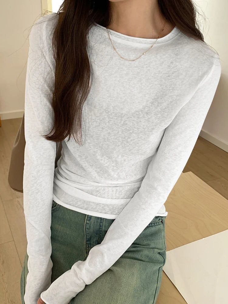 Spring Autumn T shirt Women Tops Solid Long Sleeve Ruched O Neck Tshirts Female Korean Casual Streetwear High Quality Base Tees