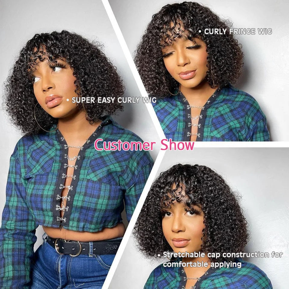 Perruques de cheveux humains Jerry Curly courtes coupe Pixie Bob avec frange pour femmes à porter, Péruvienne, mèches miel, perruques Water Wave
