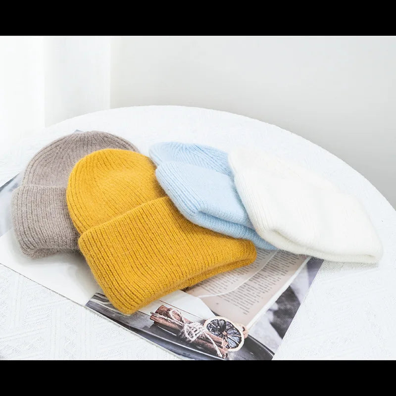 Bonnets d'hiver pour femmes en fourrure de lapin tricotés, bonnets épais à revers, bonnets amples et doux pour le ski.
