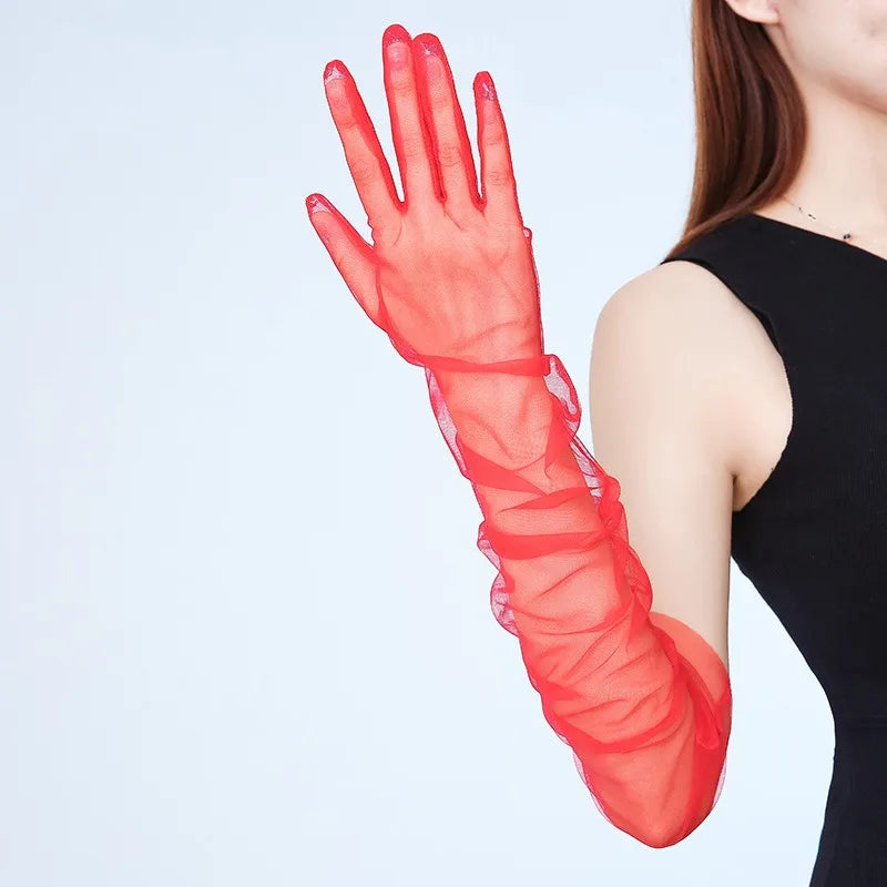 Women Long Sheer Tulle Gloves for Bridal Wedding Accessories Party Transparent Finger Gloves